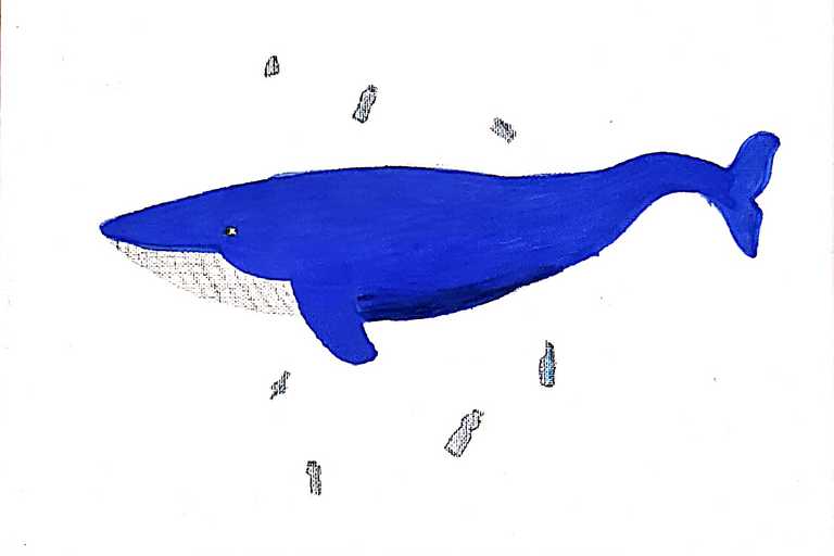 Walfisch mit Plastik und Schriftzug